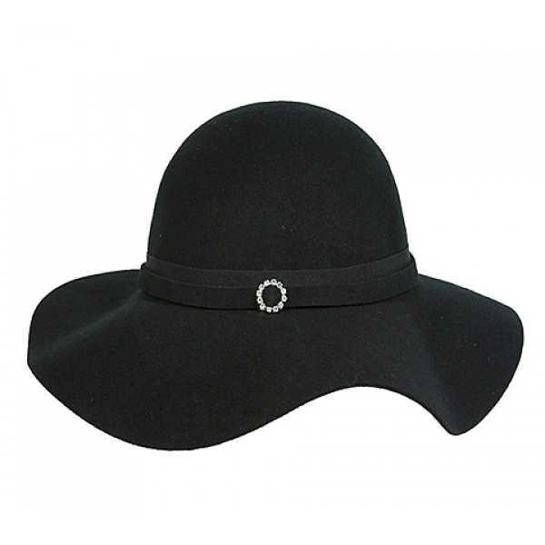 Wide Brim Wool Felt Hats w/ Rhinestone Ring Band - Black - HT-CC12-7BK